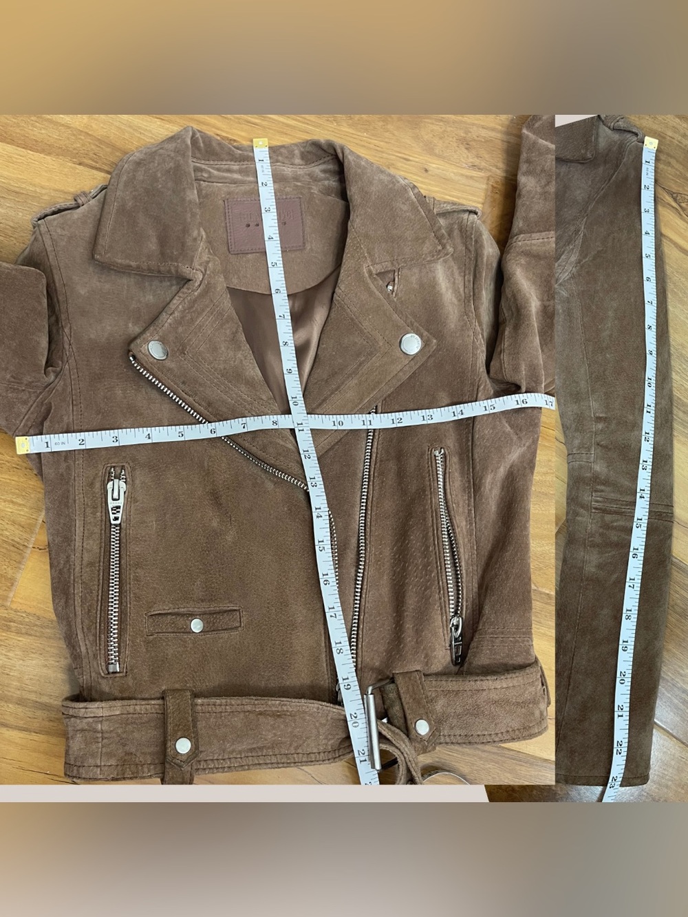 Blank NYC Taupe Brown Leather Suede Moto Jacket Bikercore Cropped Zip Buckle XS - Picture 10 of 10
